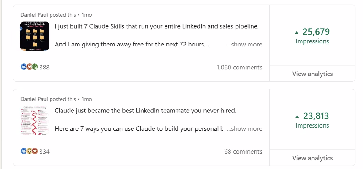 LinkedIn post about 7 Claude Skills: 25,679 impressions